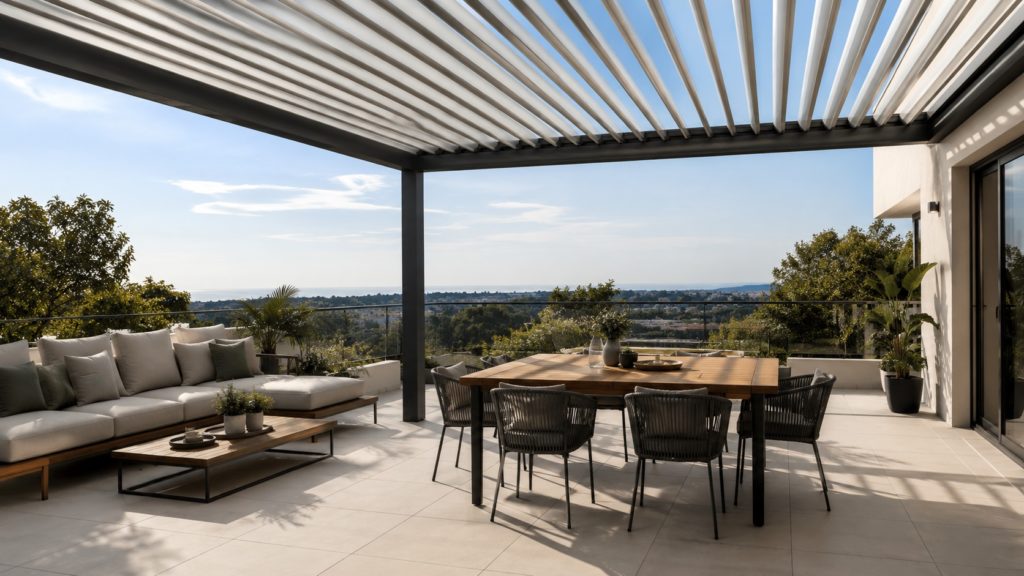 Terraza exterior cubierta con pérgola de lamas orientables