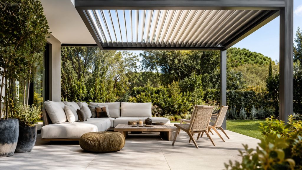 Jardín con zona de sombra y mobiliario exterior